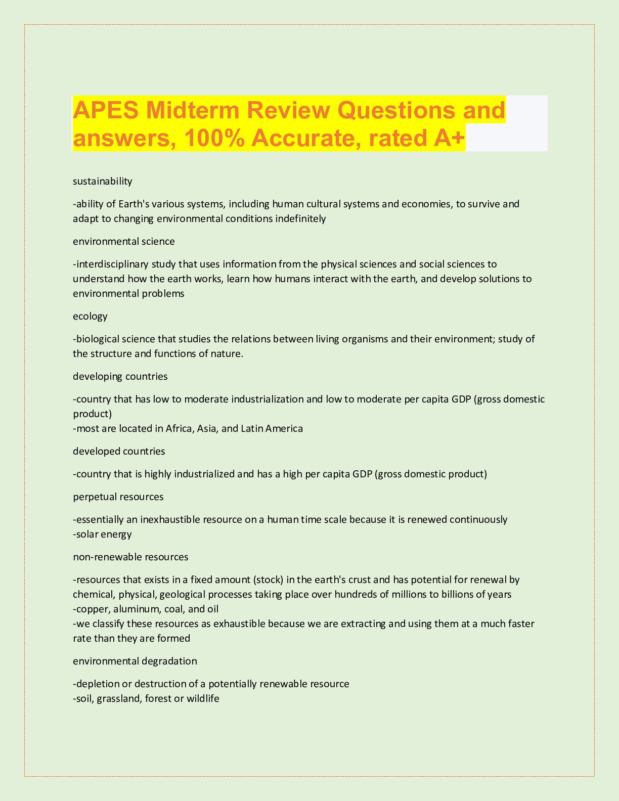 APES Midterm Review Questions and answers, 100 Accurate, rated A+ sustainability Browsegrades
